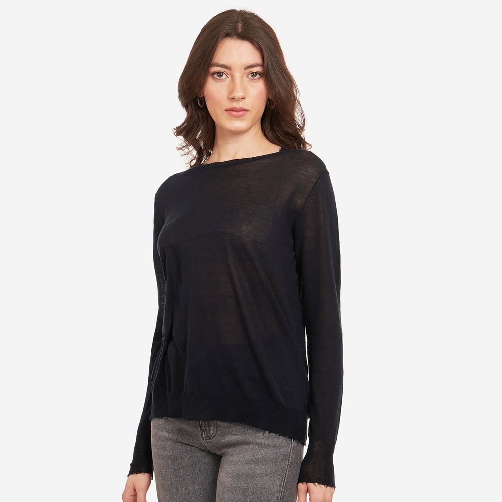 Women’s Distressed Edge Crew in Navy Blue by Autumn Cashmere. 100% Cotton