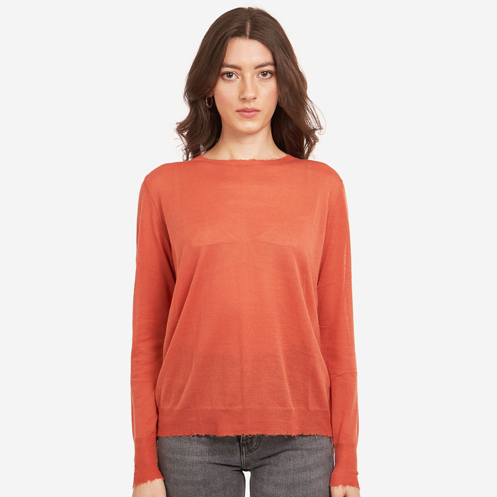 Women’s Distressed Edge Crew in Papaya by Autumn Cashmere. 100% Cotton