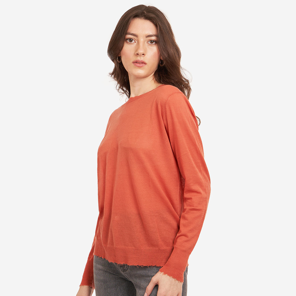 Women’s Distressed Edge Crew in Papaya by Autumn Cashmere. 100% Cotton