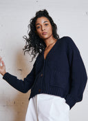 Cropped V Neck Cardigan W/ Pockets in Navy