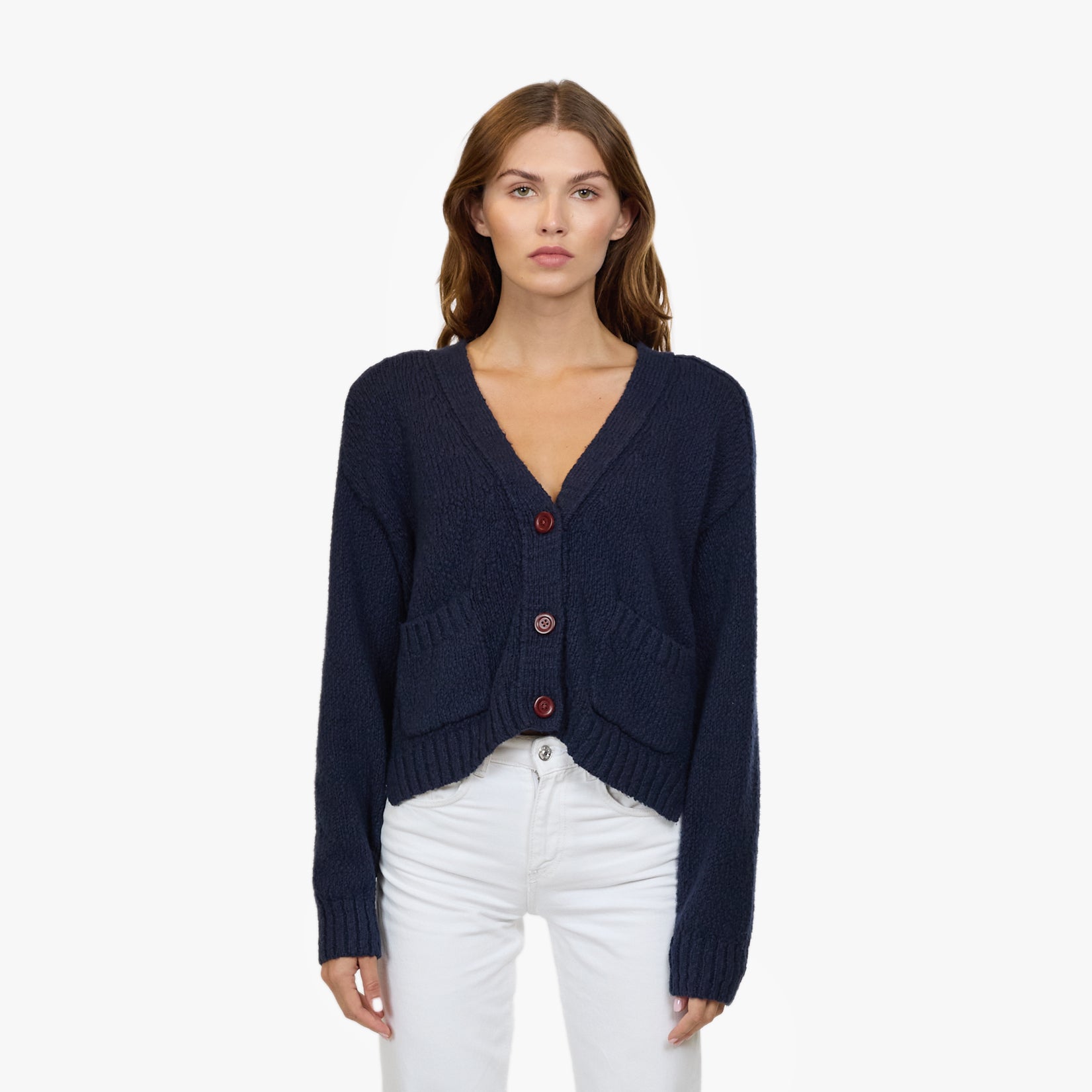 Cropped V Neck Cardigan w/ Pockets in Navy – Autumn Cashmere