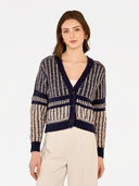 2-Tone Jacquard Cropped V-Neck Cardigan in Navy/Sand