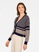 2-Tone Jacquard Cropped V-Neck Cardigan in Navy/Sand