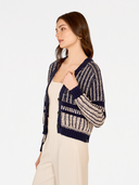 2-Tone Jacquard Cropped V-Neck Cardigan in Navy/Sand