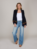 Sunrise Fringed Shawl Collar Throw in Navy Combo