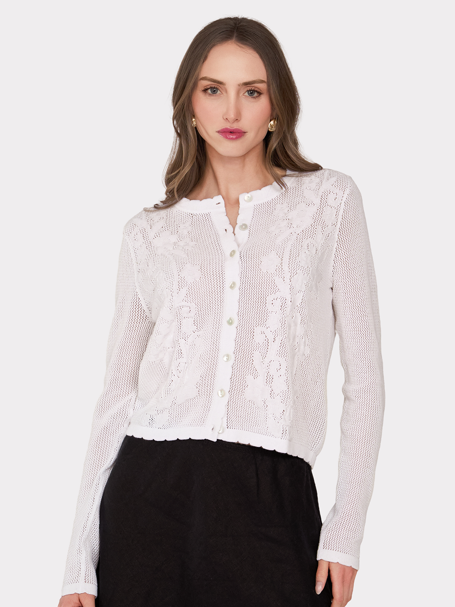 L/S Mesh Cardigan w/ Floral Motif | Autumn Cashmere
