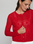 L/S Mesh Cardigan w/ Floral Motif in Maraschino