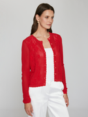 L/S Mesh Cardigan w/ Floral Motif in Maraschino