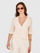 Pointelle V-Neck Cardigan in Sand