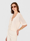 Pointelle V-Neck Cardigan in Sand