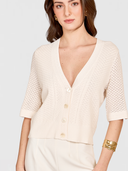 Pointelle V-Neck Cardigan in Sand