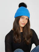 Beanie W/ Contrast Fur Pom Pom in Cosmo Cobalt
