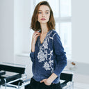 Inked Asymmetric Floral V-Neck in Navy