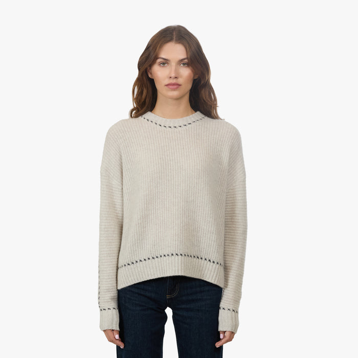 autumn cashmere Shaker Crew w/ Contrast Stitch Detail in Mojave/Pepper
