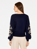 Puff Sleeve V W/ Contrast Embroidery in Navy