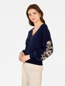 Puff Sleeve V W/ Contrast Embroidery in Navy