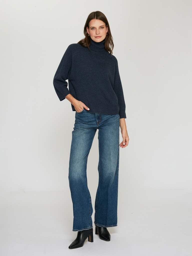 R14393 | Boxy 3/4 Sleeve Turtleneck W/ Back Yoke in Oxford | Autumn Cashmere
