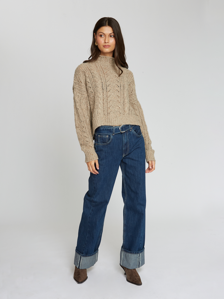 RG13405 | Blouson Sleeve Cable Crew in Gravel | Autumn Cashmere