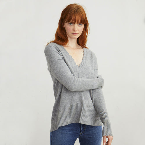 Distressed Edge V-Neck Pullover