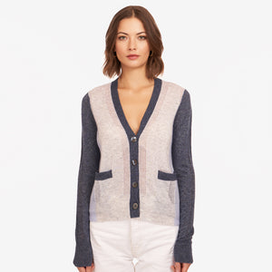 Women's Boxy Color Block Mesh Cardigan in Denim Combo by Autumn Cashmere. Cashmere Silk