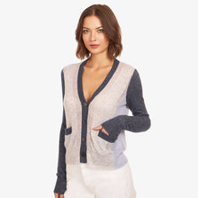 Load image into Gallery viewer, Women&#39;s Boxy Color Block Mesh Cardigan in Denim Combo by Autumn Cashmere. Cashmere Silk