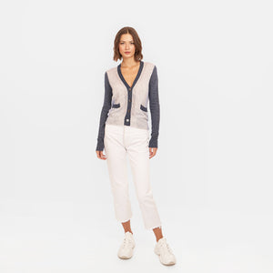 Women's Boxy Color Block Mesh Cardigan in Denim Combo by Autumn Cashmere. Cashmere Silk