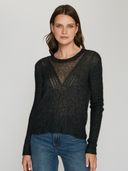 Shaker Cable Crew W/ Sheer Yoke in Black