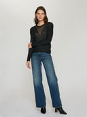 Shaker Cable Crew W/ Sheer Yoke in Black