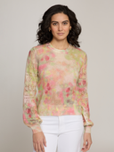 Pastel Flower Print Pointelle Crew in Pink