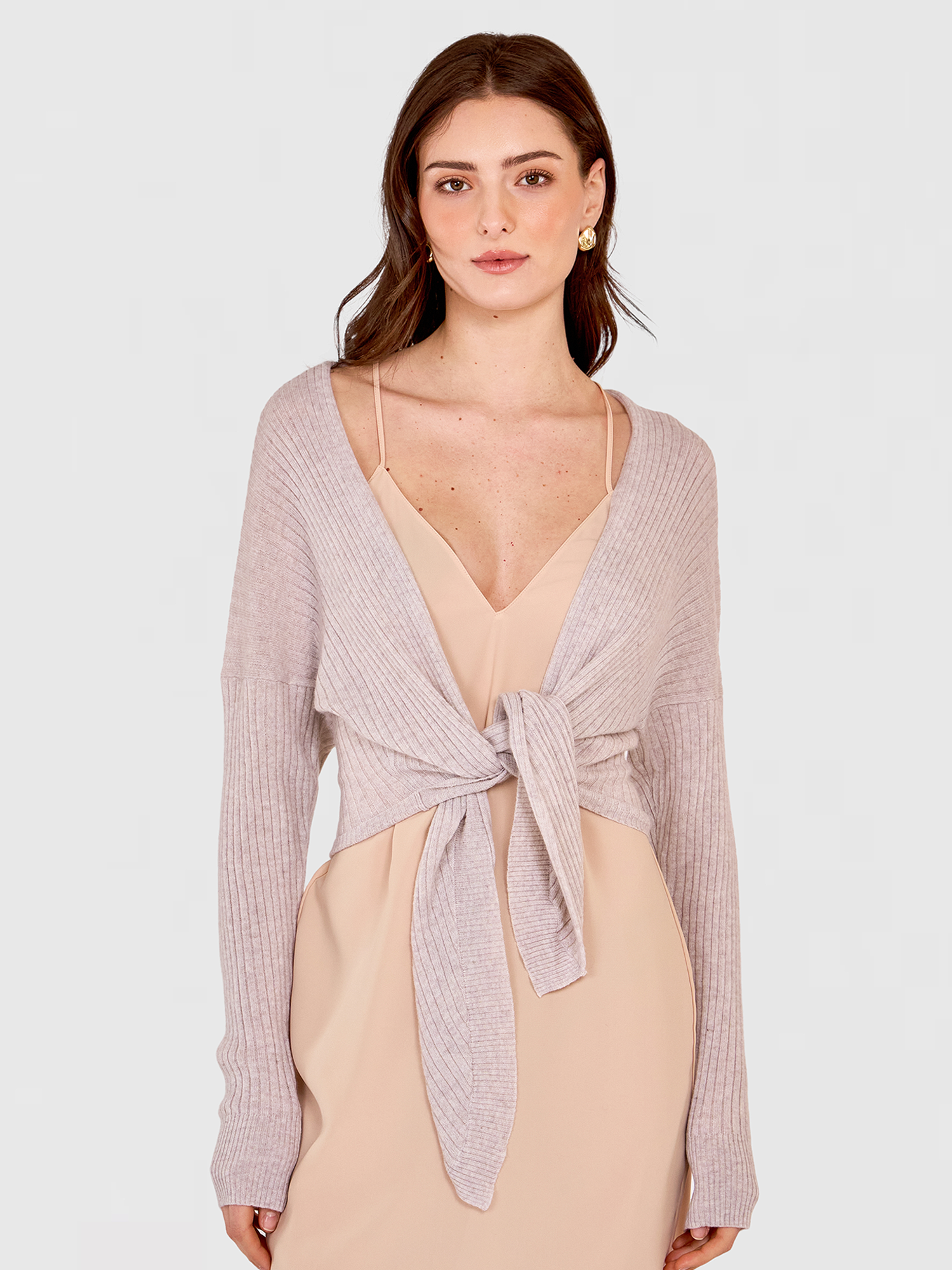 Tie Front Rib Cardigan in Birch | Autumn Cashmere