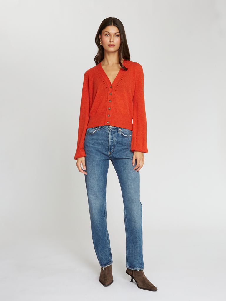 RT13247 | Autumn Cashmere | Balloon Sleeve Cardigan w/ Pointelle Detail in Paprika | Fall