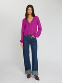 Balloon Sleeve Cardigan W/ Pointelle Detail in Hollyhock