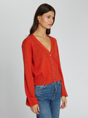 Balloon Sleeve Cardigan W/ Pointelle Detail in Paprika