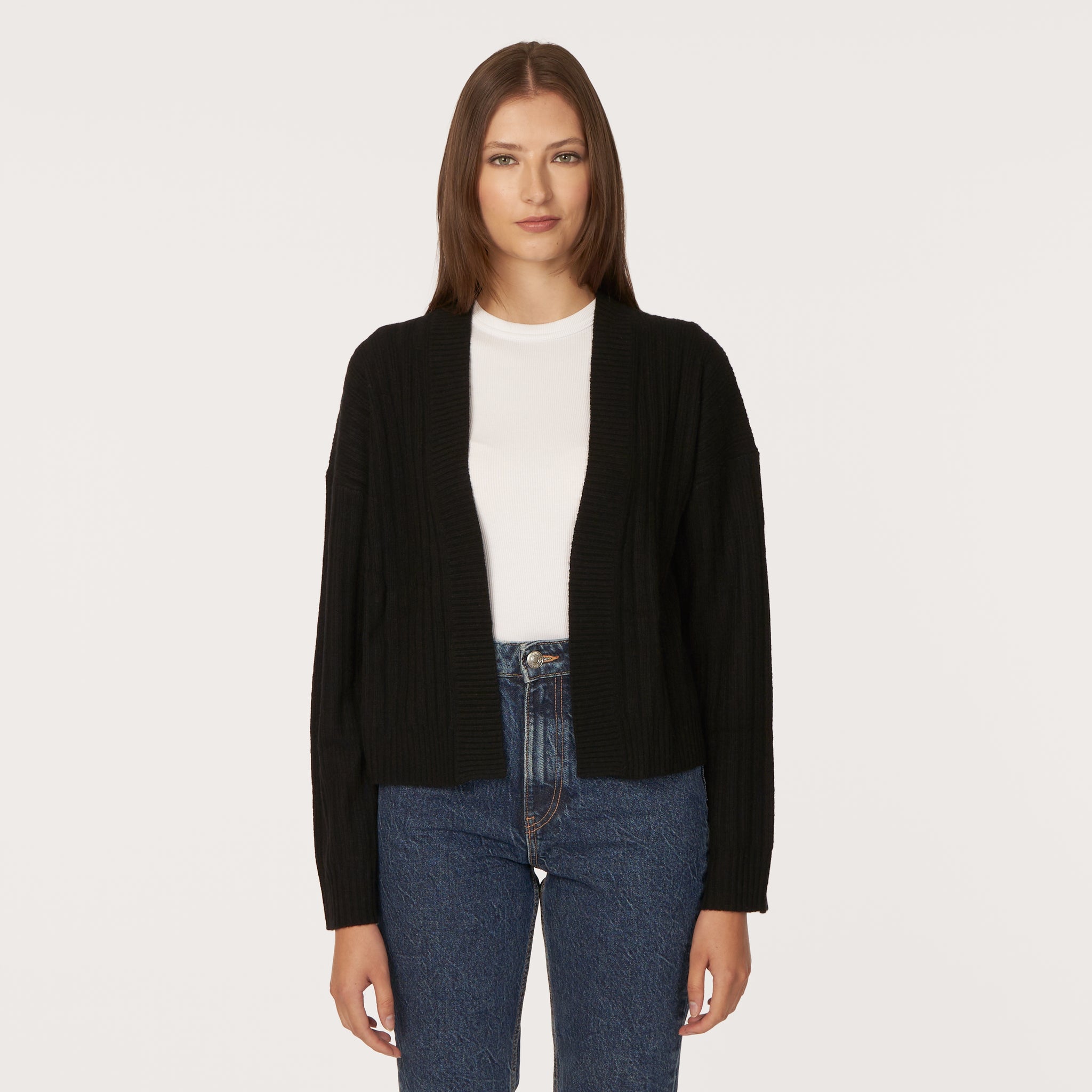 Autumn Cashmere Rib Open Front Shrug in Black