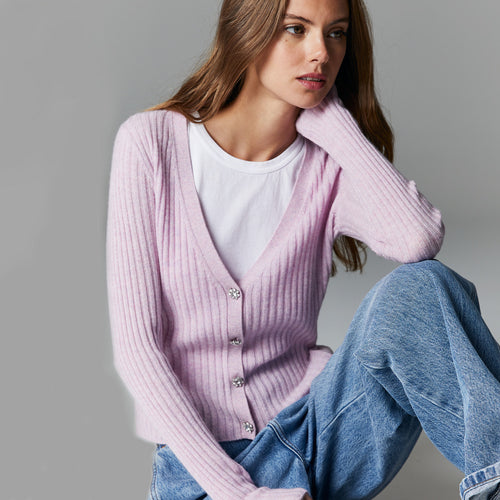 Rib V-Neck Cardigan Jewel Buttons