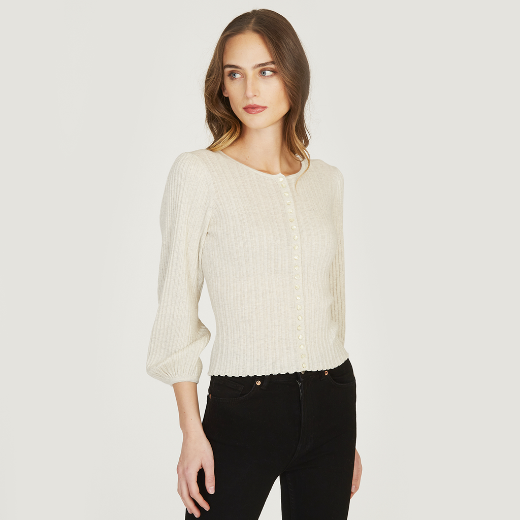 Women's Rib Puff Sleeve Multi Button Cardigan in Hemp by Autumn Cashmere