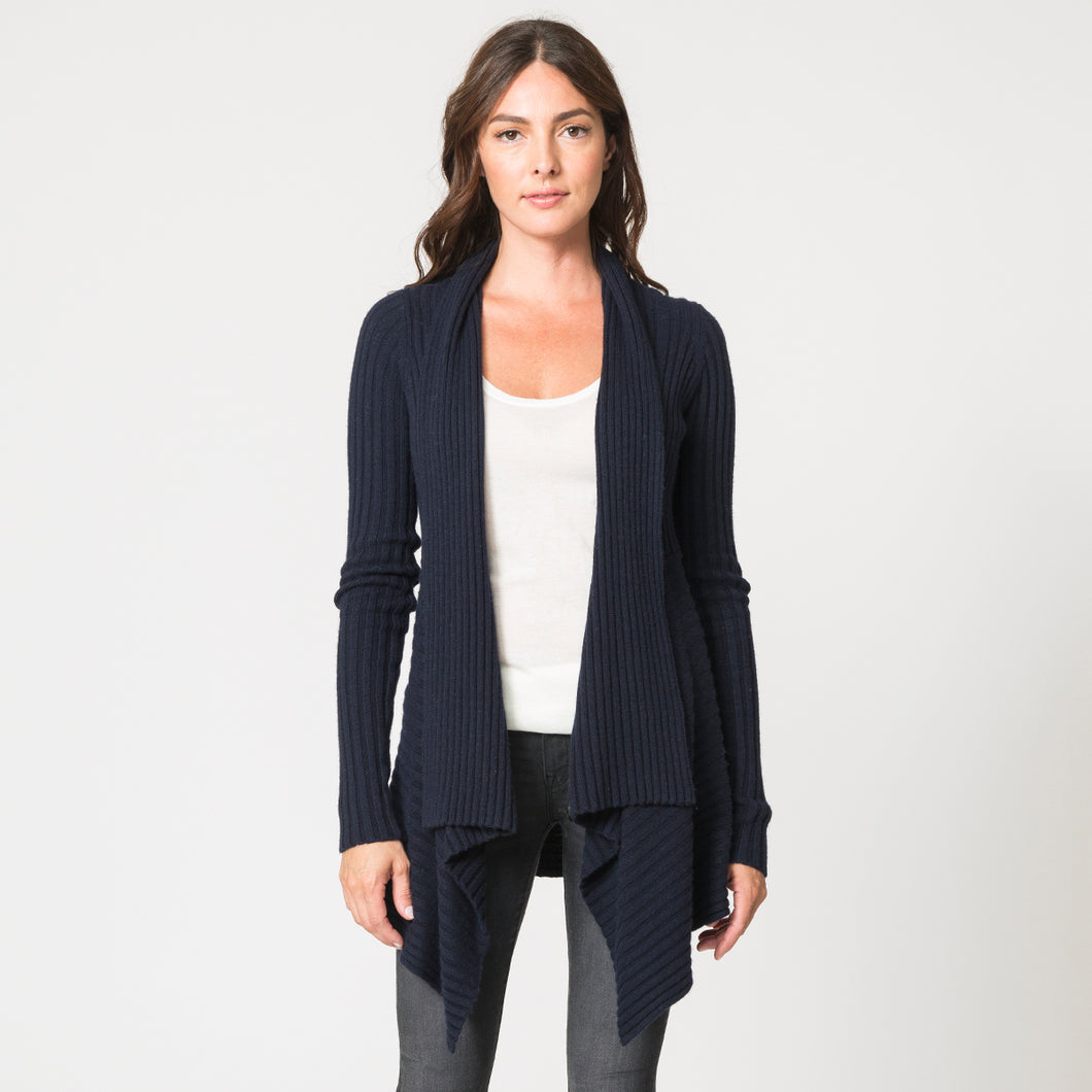 Women’s Cashmere Rib Drape Cardigan in Peacoat (Navy Blue) by Autumn Cashmere