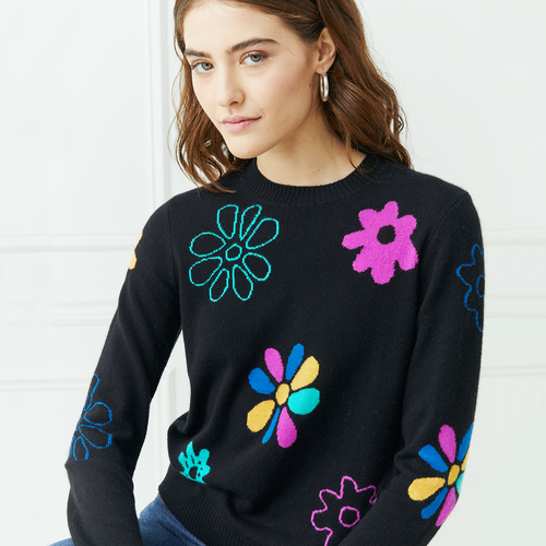 Multi Flower Intarsia Crew