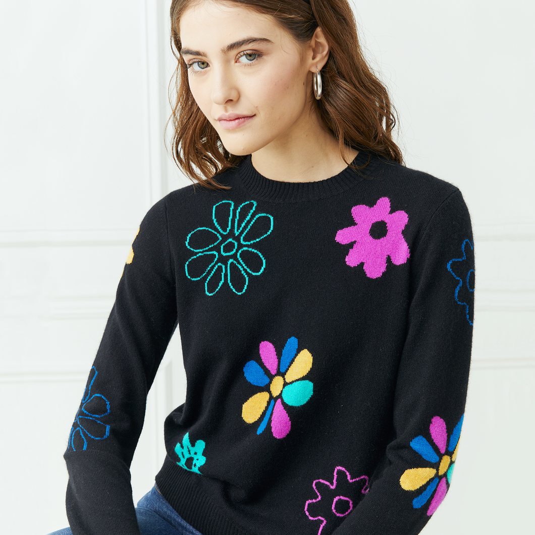 Multi Flower Intarsia Crew