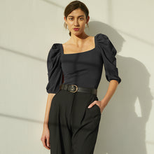 Load image into Gallery viewer, Square Neck Puff Sleeve in Black. Women&#39;s Black Blouse. Italian Viscose. Autumn Cashmere