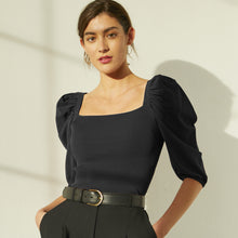 Load image into Gallery viewer, Square Neck Puff Sleeve in Black. Women&#39;s Black Blouse. Italian Viscose. Autumn Cashmere