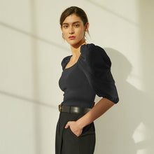 Load image into Gallery viewer, Square Neck Puff Sleeve in Black. Women&#39;s Black Blouse. Italian Viscose. Autumn Cashmere