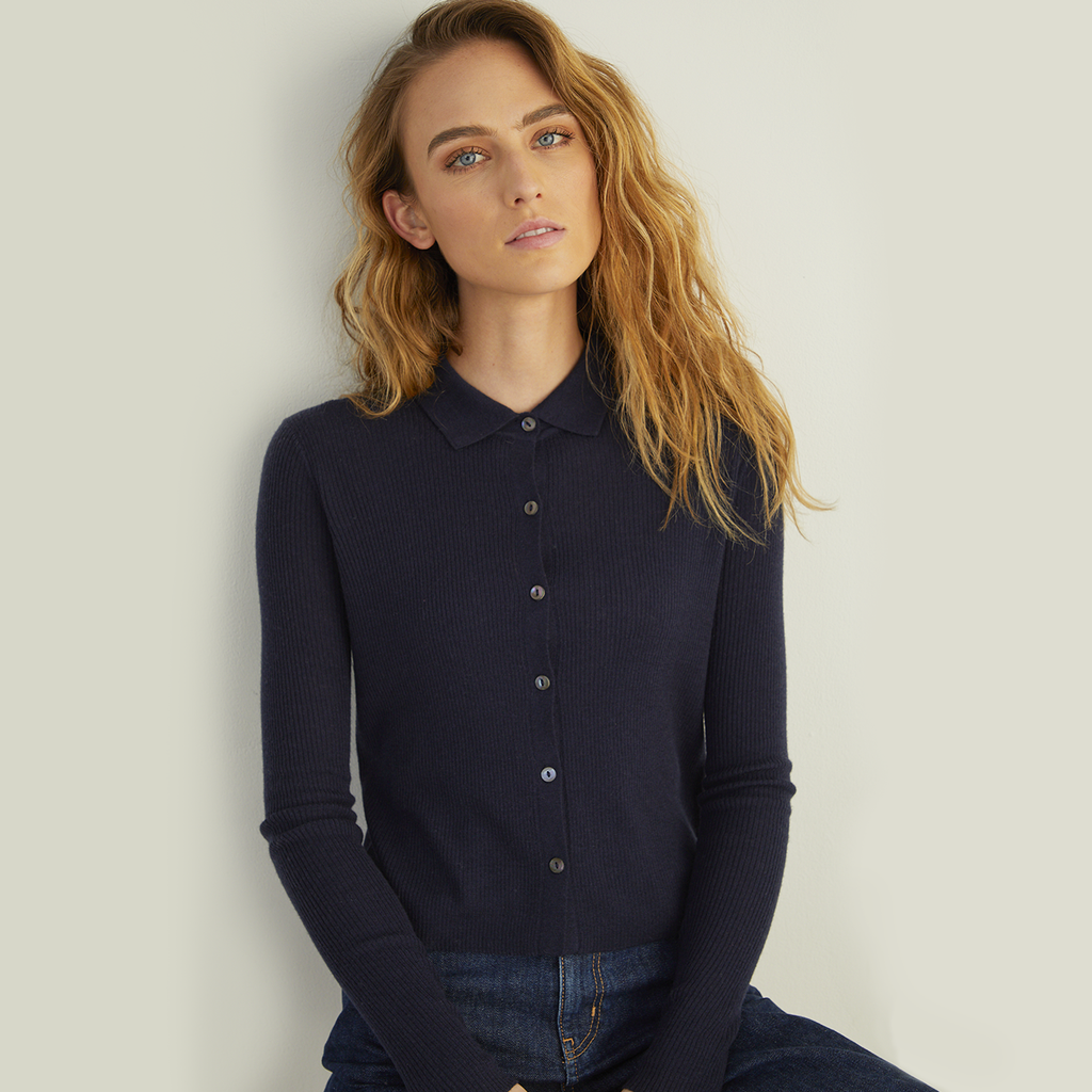 Women's Cropped Rib Polo Cardigan in Navy Blue. Lightweight Cardigan Cashmere. Autumn Cashmere