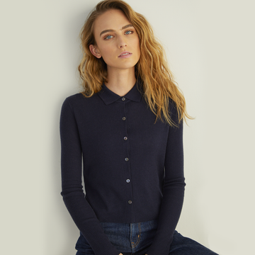 Women's Cropped Rib Polo Cardigan in Navy Blue. Lightweight Cardigan Cashmere. Autumn Cashmere