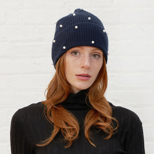 Rib Pearl Beanie in Black
