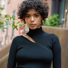 Load image into Gallery viewer, Women&#39;s Asymmetric L/S Slash Mock Sweater in Black by Autumn Cashmere