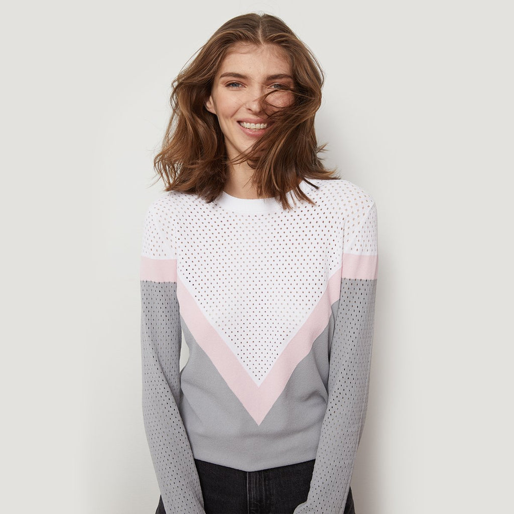 Mesh Color Block Yoke Crew Pullover Sweater | Women's Apparel | Autumn Cashmere