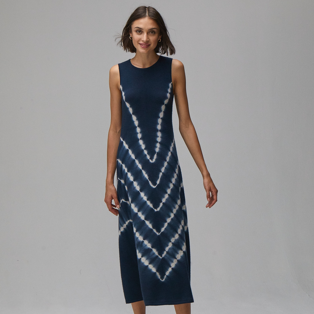 Autumn Cashmere. Tie Dye Maxi Dress in Navy Blue. Sleeveless. Lightweight Cashmere.