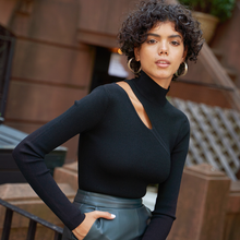 Load image into Gallery viewer, Women&#39;s Asymmetric L/S Slash Mock Sweater in Black by Autumn Cashmere