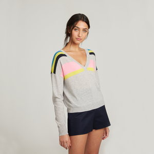 Cropped V-Neck w/ Shoulder Stripes. Lightweight Cashmere Sweater. Autumn Cashmere.